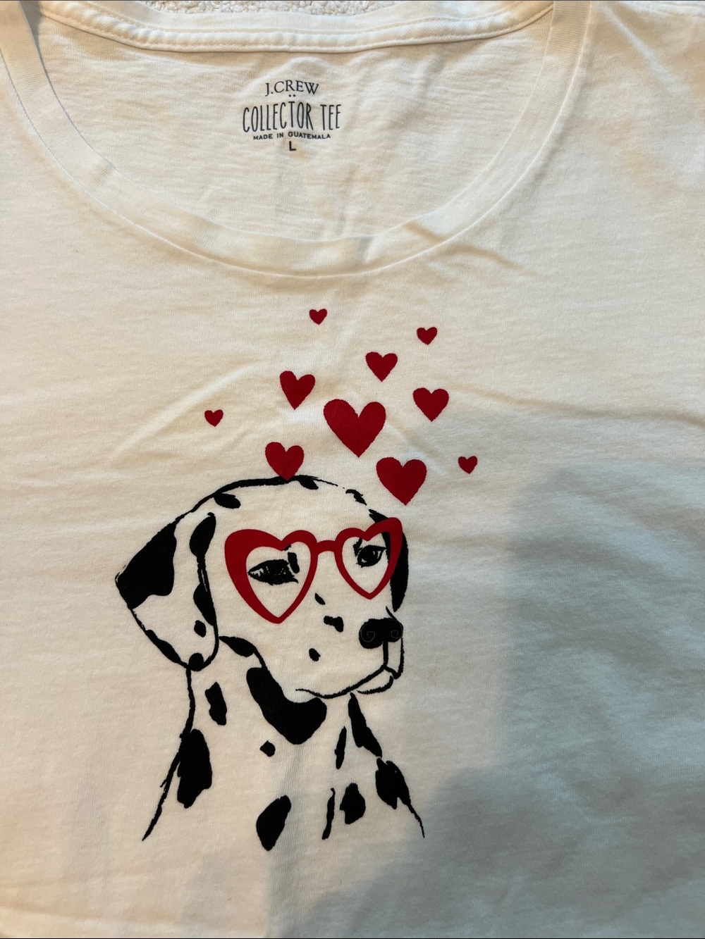 J. Crew White Tee with Dalmatian Wearing Red Heart Glasses